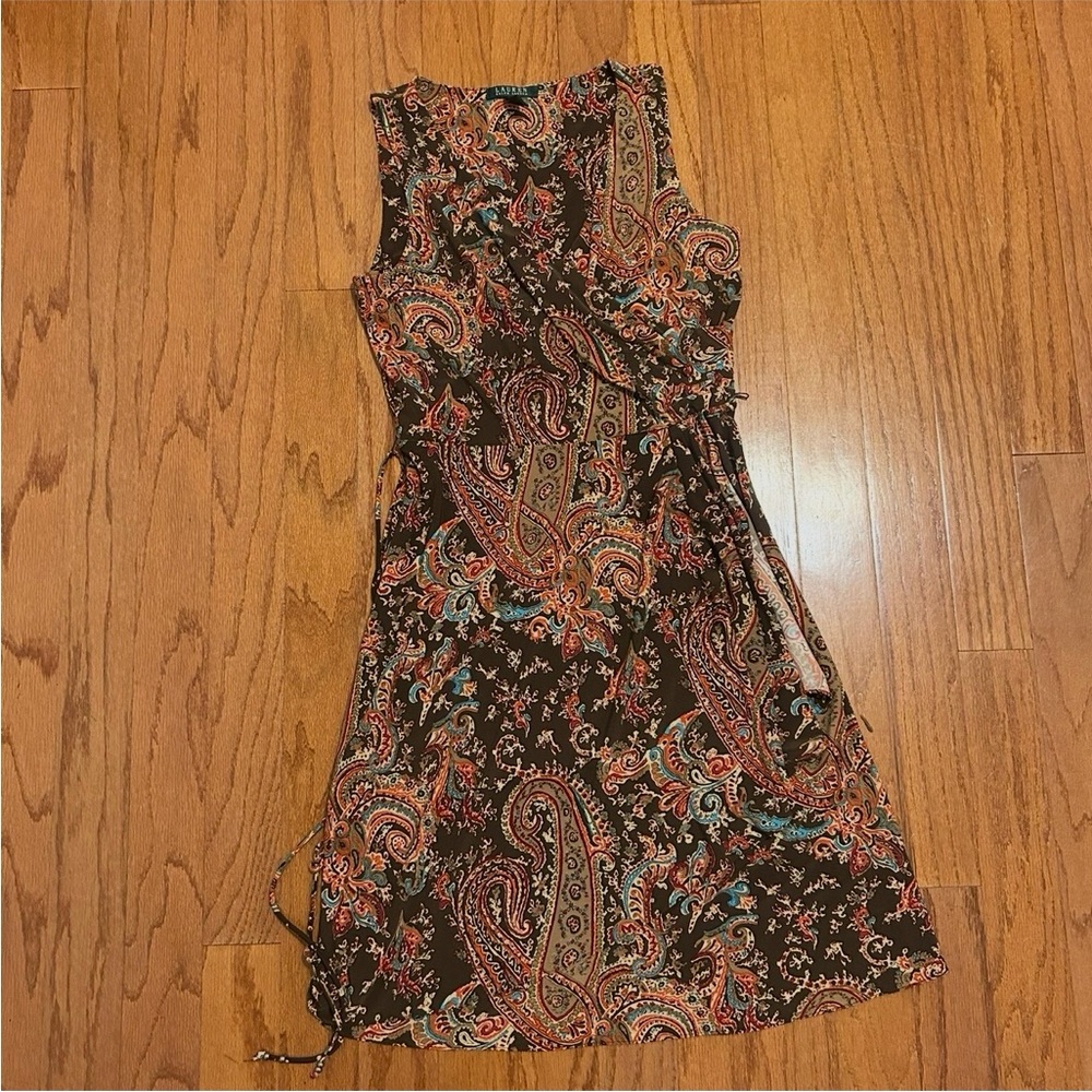 Lauren Ralph Lauren Paisley V-Neck Sleeveless Dress | Tie Waist | Size M - Picture 2 of 8